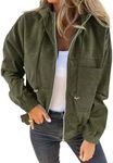 VICHYIE Corduroy Shirt Drawstring Hooded Pocket Zip Up Jacket Loose Shacket Coat Long Sleeve Fall Tops Outerwear Green M