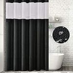 Vangao Black Waffle Shower Curtain with See Through Top Window Waffle Weave Honeycomb Textured Fabric Shower Curtains for Bathroom Modern Waterproof Shower Curtain Set with Hooks 70x72 Inches Long