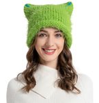 ZLYC Women Crochet Hat Knit Cat Ear Slouchy Beanie Cute Vintage Grunge Fuzzy Hat(Solid Neon Green),One Size