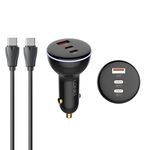 T Teclusive 160W Super Fast Charging 3 Ports Type C USB Car Charger | USB C QC PD 100W Fast Car Charger with Type-C to Type-C Cable | Compatible for iPhone 15 14 13 / iPad MacBook Laptop / S23 Ultra