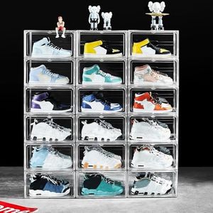BSFHH 12 Pack Shoe Boxes, Clear Acrylic Stackable Plastic Sneaker Box Container, Magnetic Drop & Side Open Shoe Organizer Case Container With Lids Fits Up to Size 14 (Crystal Clear)