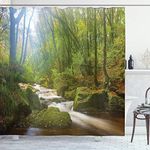 Ambesonne Woodland Shower Curtain, Forest Scene at Golitha Falls Nature Reserve on The River Fowey Cornwall England, Cloth Fabric Bathroom Decor Set with Hooks, 69" W x 84" L, Brown Green