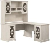 Bush Furniture Lennox 60W Farmhouse L Shaped Desk with Hutch and Storage Cabinets in Linen White Oak, Corner Computer Table for Home Office