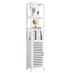 HITNET Bathroom Tall Cabinet, Floor Standing Bamboo Storage Cabinet with 6 Shelves and Shutter Door for Kitchen Living Room, White