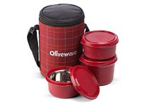 SOPL-OLIVEWARE Amber Lunch Box, Microwave Safe & Leak Proof, 3 Inside Steel Containers with BPA Free Lids (2 * 450ml & 600ml), Fabric Bag - Red