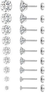 Wrlcorly 9 Pairs Stainless Steel Threadless Flat Back Stud Earrings For Women Men 20G Cubic Zirconia Push in Barbell Cartilage Earrings Set 2-10MM Silver Tone, B:Threadless, Cubic Zirconia, Cubic