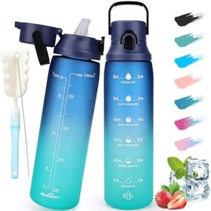 Botella Agua 1 Litro con Pajita, sin BPA, Prueba de Fugas, Botella de Agua Deportiva con Marcador de Tiempo Motivacional, Cantimplora para Beber, para Gimnasio, Escuela y al aire libre Azul-verde