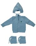 CUBS & HUGS Baby-Boys Wool New Born Baby Sweater 0-3 Months Open Neck Full Sleeves With Cap Booties - Blue