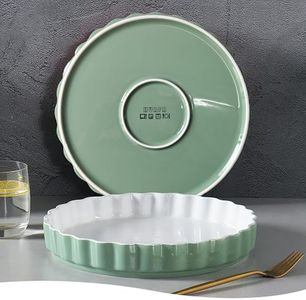 WINRIOO Quiche Baking Dish,Ceramic Pie Pan 11 Inch Reusable,Pizza Pan,Non-Stick Round Tart Pan with Ruffled Edge Microwave Dishwasher and Oven Safe (GREEN)