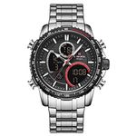NAVIFORCE Digital Watch Men Luxury Stainless Steel Analog Quartz Waterproof Watches Fashion Business Chronograph Military Multifunctional Wristwatch, Silver + Black, M, Chronograph, Digital.