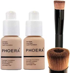 Glamza PHOERA Foundation 102 and 104 Full Coverage Foundation, Full Coverage Flawless New 30ml 24HR Matte Oil Control (Buff Beige #104)(Nude #102) + Liquid Foundation Brush