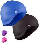 The Friendly Swede Swim Caps for Women & Men - Silicone Swimming Caps for Medium & Long Hair; Waterproof Swimming Cap for Women to Keep Hair Dry; Swim Cap for Adult and Child - Blue & Black 2-Pack