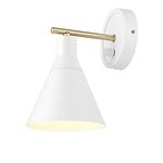 Globe Electric 65542 Tristan 1-Light Dimmable Plug-in or Hardwire Wall Sconce, Matte White, Brass Accent, Stepless Dimming Rotary Switch on Canopy, White Fabric Cord