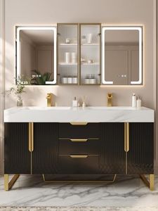 homary 60 inch Freestanding Bathroom Vanity with Double Sink, Modern White Sintered Stone Countertop, Ample Storage Cabinet for Shared Bathroom, Black