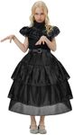 AUYAO Wednesday Costume, Wednesday Dress Girls Cosplay, Princess Dance Ball Gown Tulle Skirt with Belt, Children's Costume for Halloween Carnival Birthday Party Disguise Mardi Gras Suit