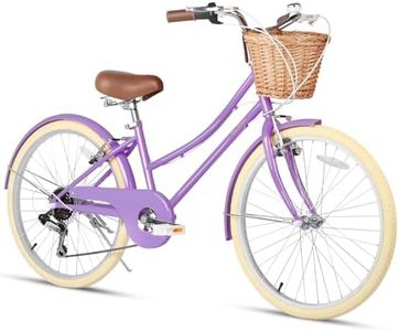 Glerc 24 Inch Beach Cruiser Bike, 6-Speed Hybrid City Bicycle for Girls Youth and Over 6 Years Old, Missy Bike with Wicker Basket & Lightweight, Purple