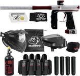 Maddog Empire Mini GS Full Auto Paintball Gun Marker w/HPA Tank, Empire Halo Too Loader, Thermal Anti-Fog Paintball Mask Goggle, Neck Protector, 4+3 Harness & (4) Pods Starter Package Silver/Red