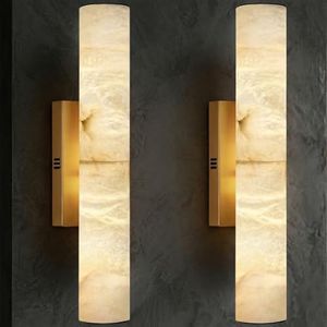 Gold Alabaster Wall Sconces Set of 2, Spanish Natural Marble Wall Sconce, 20" Brass Wall Sconce for Bathroom, Indoor Stone Wall Sconces Dimmable, Alabaster Wall Light for Living Room, Bedroom, Hallway