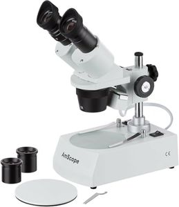 AmScope SE305R-PX Forward-Mounted Binocular Stereo Microscope, WF5x and WF10x Eyepieces, 5X/10X/15X/30X Magnification, 1X and 3X Objectives, Upper and Lower Halogen Lighting