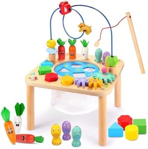 oathx Activity Table for 1 Year Old, 6 in 1 Wooden Montessori Activity Center with Bead Maze Shape Sorter Fishing Game, Kids Sensory Play Table Toddler Toys 1st Birthday Gifts Boy Girl