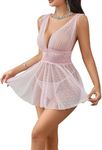 OYOANGLE Women's 2 Piece Polka Dots Lace Sheer Mesh V Neck Babydoll Teddy Lingerie Set Pink S