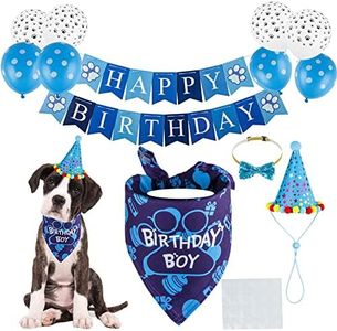 Dog birthday party supplies,Dog Birthday Bandana Boy Set,Dog Birthday Hat,Triangle Dog Scarf with Cute Birthday Banners, Balloons and Bow Ties for Small, Medium, Large Dog Birthday Decorations (Blue)