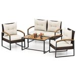 Tangkula 4 Piece Patio Conversation Set, with Heavy Duty Solid Acacia Wood Armrests & Tabletop, Outdoor Cushioned Wicker Furniture Set for Backyard, Poolside, Lawn, Blacony