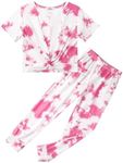 Arshiner Girls Sets Tie Dye 2 Pieces Outfits Short Sleeve Twist Front Tops and Sweatpants with Pockets Casual Clothing Sets