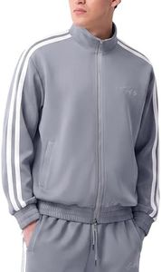 Luckfly Men's Track Jacket (Only) Full Zip Casual Athletic Stand Collar Striped Streetwear with Zipper Pocket L(Grey)