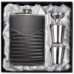 LHD HOME Hip Flasks for Men Leather Hip Flask Gift Set,Hip Flask 304 Stainless Steel Flask Set w/Funnel Shot Glasses Gift for Whiskey Rum Groomsman Best Man Usher Wedding-Leather Stripe Black-8oz