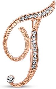 Large Statement ABC Pave Crystal Cursive Script Monogram Letters Alphabet Initial T Scarf Lapel Pin Brooch for Women Rose Gold Plated