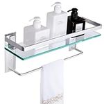 Vdomus Glass Bathroom Shelf with Hand Towel Bar, Rectangular Wall Mounted Bathroom Shelf Storage Extra Thick Tempered Glass, 15.2x4.5 inches with Brushed Silver Finish