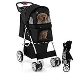 Maxmass Travel Pet Stroller, Foldable Small Medium Sized Dog Cat Trolley with Storage Basket, Safety Belt and Cup Holder, 4 Wheels Puppy Pushchair (Black)