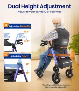 VOCIC Foldable Rollator Walker with Seat, Brakes & Bag – Adjustable Height, 8'' Wheels, Lightweight, Purple