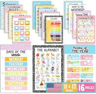 16 Educational Posters for Toddlers 1-3 - Laminated Toddler Learning Posters For Preschool & Kindergarten, Alphabet Numbers Colors Shapes Days of the Week Poster for Kids, Pastel Classroom Decor