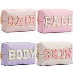 HBselect 4 Pcs Preppy Makeup Makeup Bag, Cute Waterproof PU Leather Chenille Letter Cosmetic Bag Travel Makeup Bag, Preppy Makeup Pouch Toiletry Zipper Pouch Organizer for Women and Girls