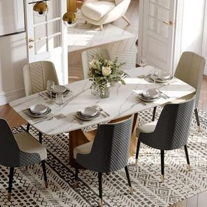 POVISON 79" Modern Minimalist Dining Table Set 7 Pieces for 6, Matte White Sintered Stone Dining Table Set with 6 Grey PU Chairs (79" Dining Table + 6 Grey Chairs)