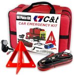 C&T 90 Piece Car Emergency Kit,Roadside Emergency & First Aid Kit with Air Compressor,Tow Rope,Tire Repair Kit,Window Breaker,Tire Pressure Gauge,Warning,Flashlight,Cable Ties,Bungee Cords,etc.