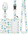 Pawfly Fashionable Sliding Badge Holder Cartoon Dinosaur Plastic Case with Retractable Badge Reel Carabiner Clip & Detachable Lanyard Strap Vertical Card Protector for Women Nurse Teacher Student