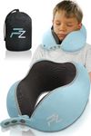 FLOWZOOM Comfy Kids Travel Pillow for Airplane & Car – Memory Foam Car Pillow for Kids with Adjustable Width, Soft, Washable Plush Cover and Compact Airplane Cushion Mesh Bag - Blue, Ages 6-10 Years