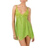 Betrodi Women Fairy Lace Dress Spaghetti Strap Sexy Mesh Mini Dress Sleeveless Slip Backless Lace Trim Nightgown Lingerie (Aa Green, M)