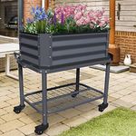 Galvanized Raised Garden Bed on Wheels Portable Elevated Planter Box with Bottom Shelf Metal Mobile Garden Bed Outdoor with Legs for Plants Herbs Flowers, Titanium Grey