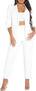 SweatyRocks Women's 2 Piece Solid Ruched Sleeve Blazer and Pants Business Office Suit Set Solid White S