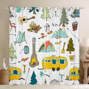 Happy Camping Themed Curtains Camp Travel Car Blackout Curtains,Cartoon Vehicles Camper Curtains & Drapes Outdoor Camping Tent Camper Decor 2 Panels 52"Wx63"L,Lodge Cabin Sketch RV Camping Gift