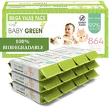 Yugi Green Baby Wipes Unscented Compostable Biodegradable and Organic– Value Pack (12 Packs of 72) 864 for Sensitive Skin & Nose