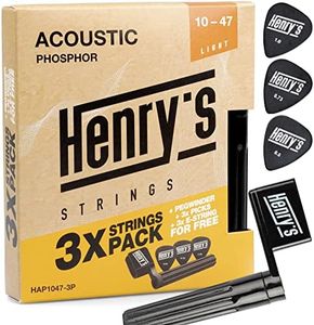 3 Pack Acoustic Guitar Strings 10-47 - Extra 3xE1 String & 3x Picks & String Winder - Phosphorus Bronze Acoustic Guitar Strings Light - 3x Acoustic Guitar Strings 6 String Set