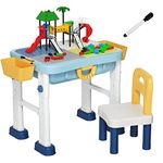 COSTWAY Kids Building Blocks Table and Chair Set, Height Adjustable Activity Table with Double-Side Tabletop, Storage Space, for Drawing, Arts, Sand Play