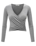 Lock and Love Women's Premium Short/Long Sleeve Deep V Neck Slim fit Cross Wrap Crop top Shirt-Made in USA - GREY - XXL