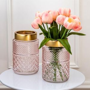 2-Pack Flower Vase Glass, 7.6 '' Pink Fluted Vase with Golden Metal Top, Valentine's Day Stylish Decorative Vases for Tabletop Centerpiece, Kitchen, Living Room, Bedroom, Bathroom