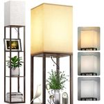 CNXIN 4 Tier Floor Lamp with Shelves, Shelf Floor Lamp for Living Room with 3 Color Temperature, Modern Storage Wood Standing Floor Lamp with Linen Shade for Living Room, Bedroom, Office(Brown)